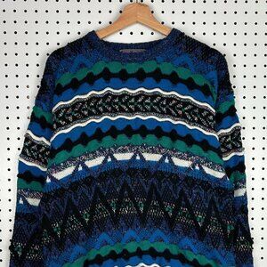 Concrete 3D Coogi STYLE Knit Sweater‎ Large Blue Multicolor Grandpa 90s Hip Hop